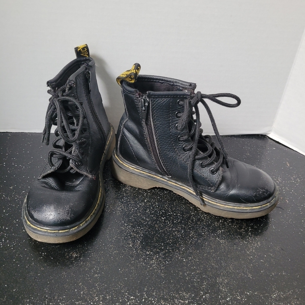 Dr. Martens Delaney Black Leather Boots with Yellow Stitching